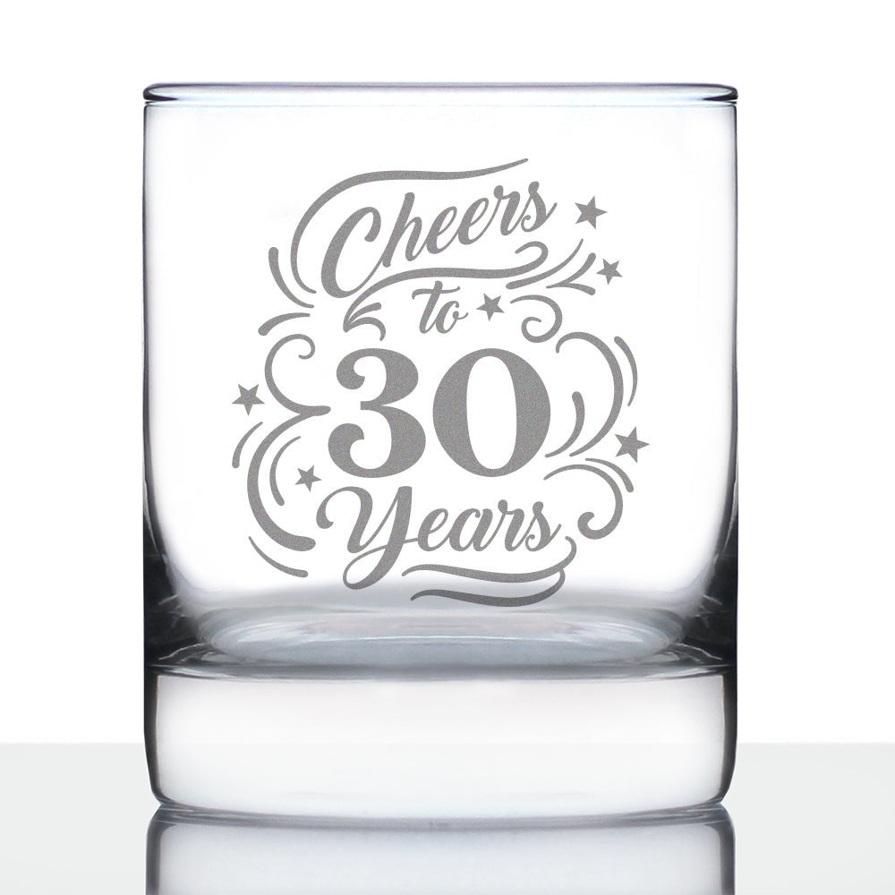 Cheers to 30 Years - Whiskey Rocks Glass Gifts for Women & Men - 30th Anniversary Party Decor - 10.25 Oz Glasses