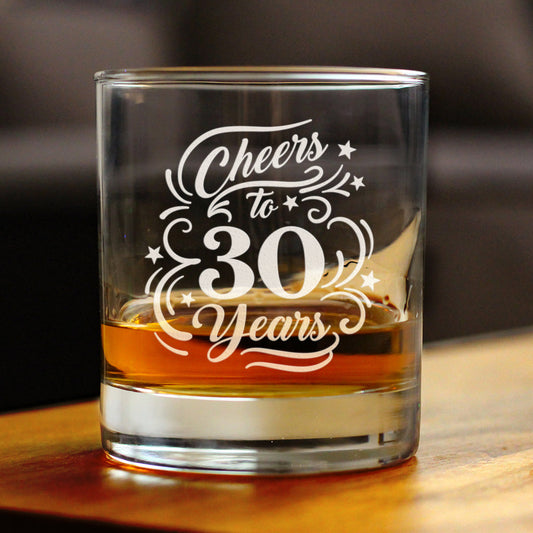 Cheers to 30 Years - Whiskey Rocks Glass Gifts for Women & Men - 30th Anniversary Party Decor - 10.25 Oz Glasses