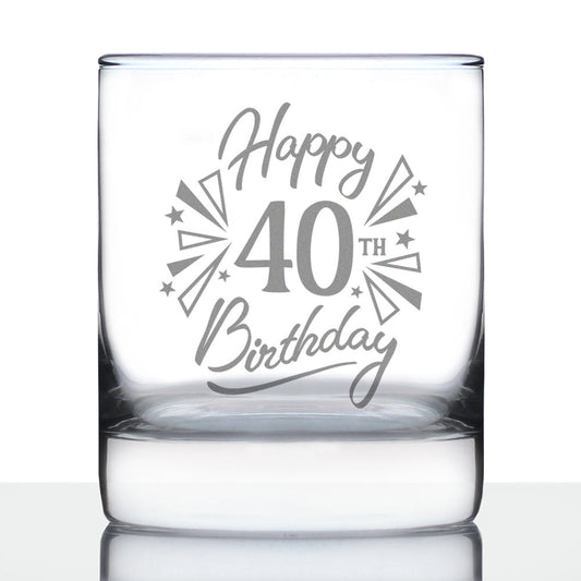 Happy 40th Birthday - Whiskey Rocks Glass Gifts for Men & Women Turning 40 - Fun Retro Bday Whisky Drinking Tumbler