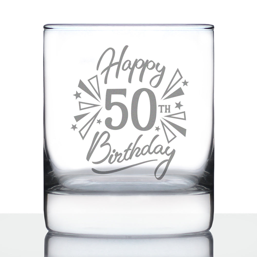 Happy 50th Birthday - Whiskey Rocks Glass Gifts for Men & Women Turning 50 - Fun Retro Bday Whisky Drinking Tumbler
