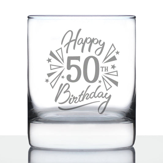 Happy 50th Birthday - Whiskey Rocks Glass Gifts for Men & Women Turning 50 - Fun Retro Bday Whisky Drinking Tumbler