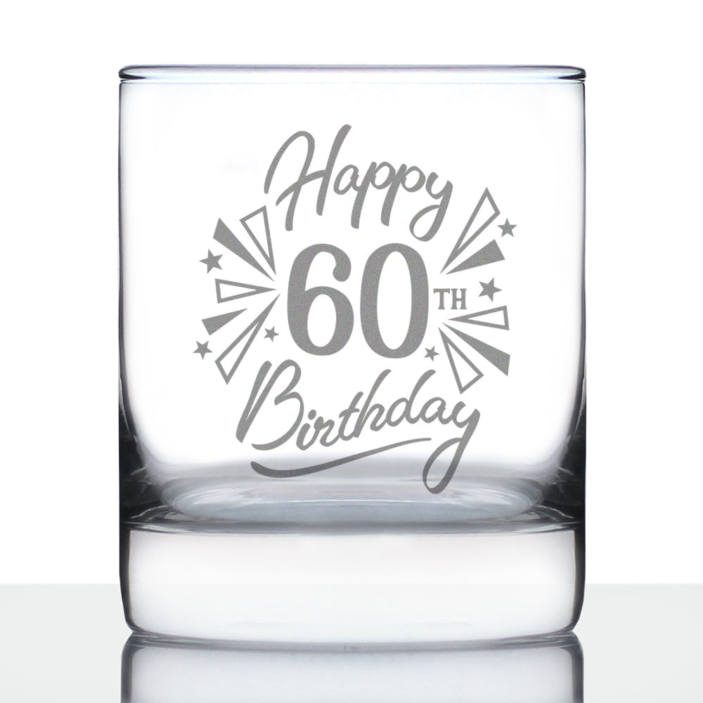 Happy 60th Birthday - Whiskey Rocks Glass Gifts for Men & Women Turning 60 - Fun Retro Bday Whisky Drinking Tumbler