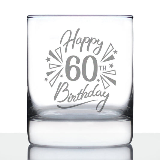 Happy 60th Birthday - Whiskey Rocks Glass Gifts for Men & Women Turning 60 - Fun Retro Bday Whisky Drinking Tumbler