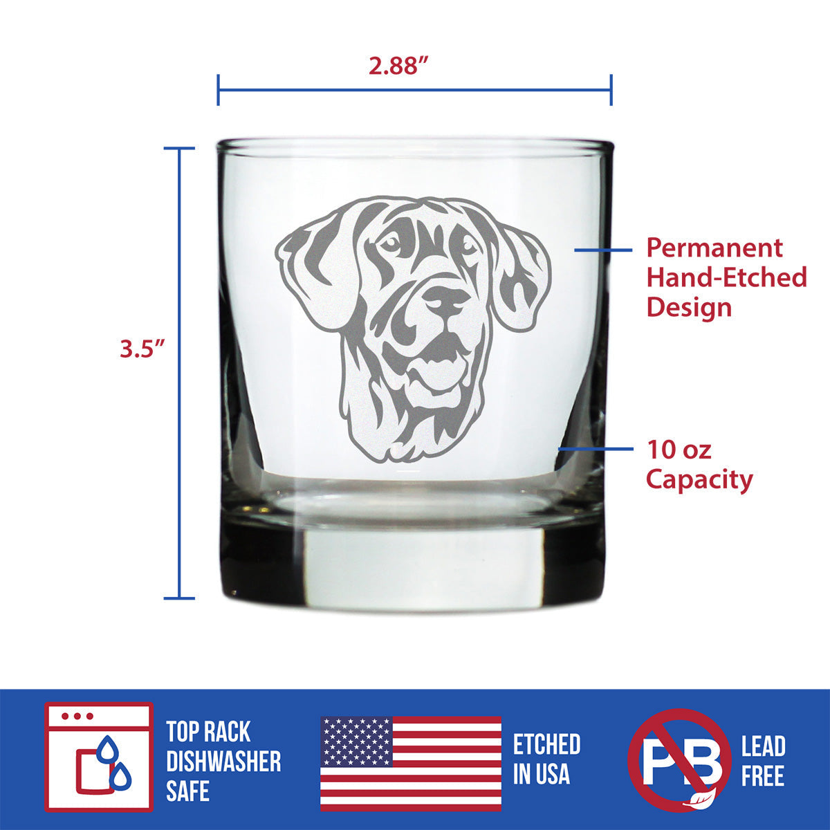 Great Dane Face Whiskey Rocks Glass - Unique Dog Themed Decor and Gifts for Moms & Dads of Great Danes - 10.25 Oz