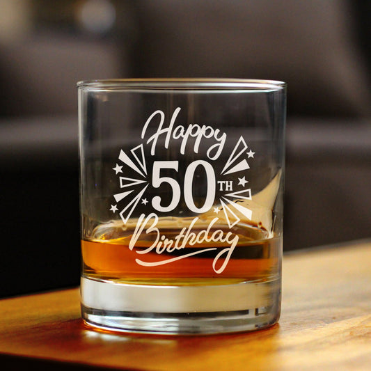 Happy 50th Birthday - Whiskey Rocks Glass Gifts for Men & Women Turning 50 - Fun Retro Bday Whisky Drinking Tumbler