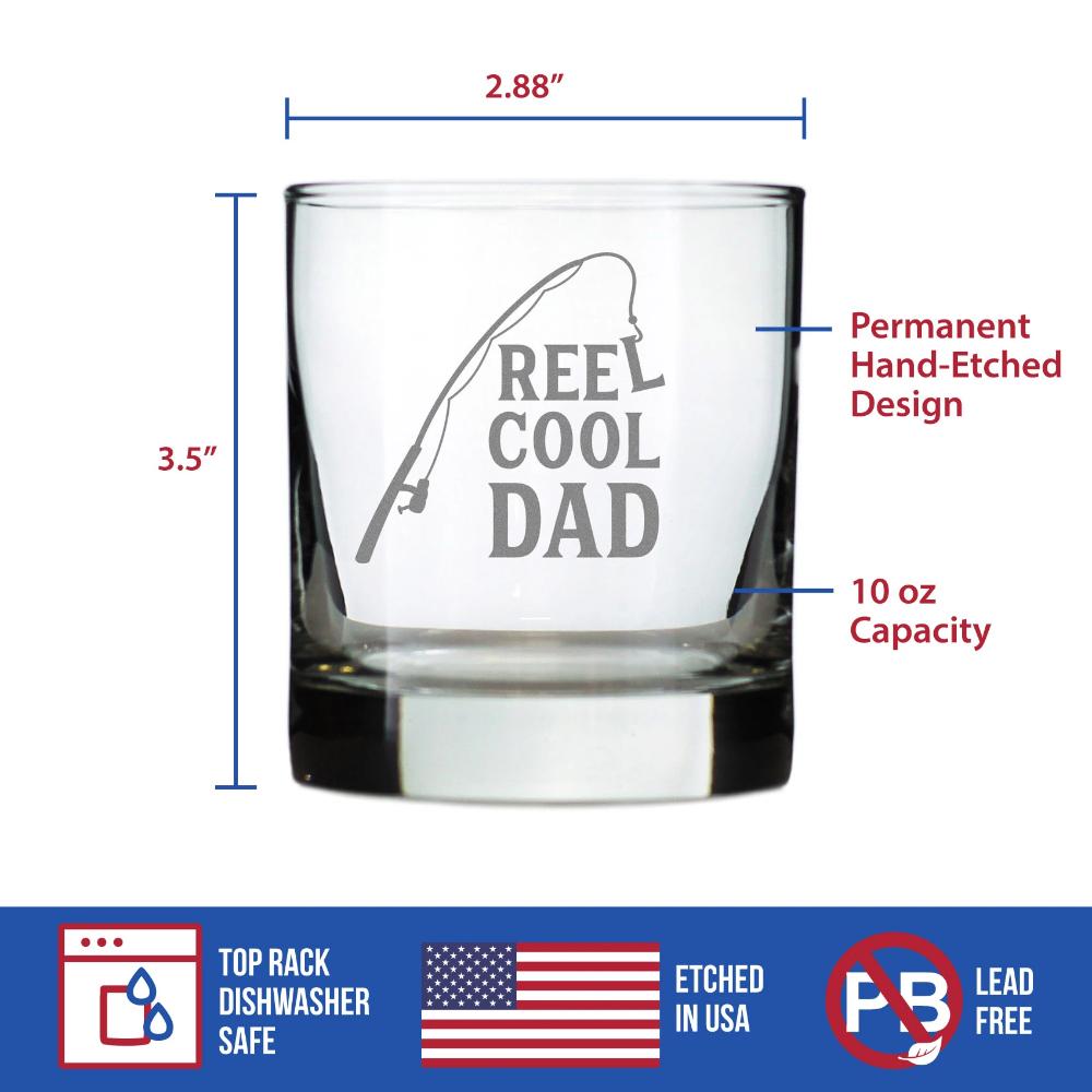 Reel Cool Dad - Funny Whiskey Rocks Glass - Fishing Gifts for Fathers - Engraved 10.25 oz Glasses - Fun Fish Cups