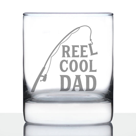 Reel Cool Dad - Funny Whiskey Rocks Glass - Fishing Gifts for Fathers - Engraved 10.25 oz Glasses - Fun Fish Cups