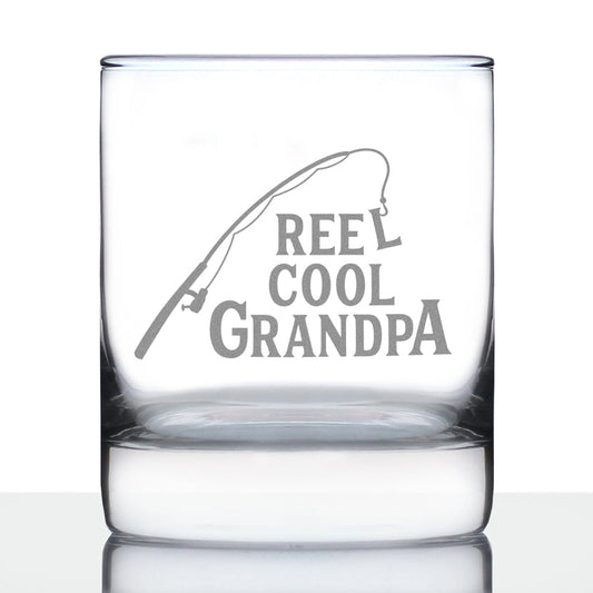 Reel Cool Grandpa - Funny Whiskey Rocks Glass - Fishing Gifts for Grandpas - Engraved 10.25 oz Glasses - Fun Fish Cups