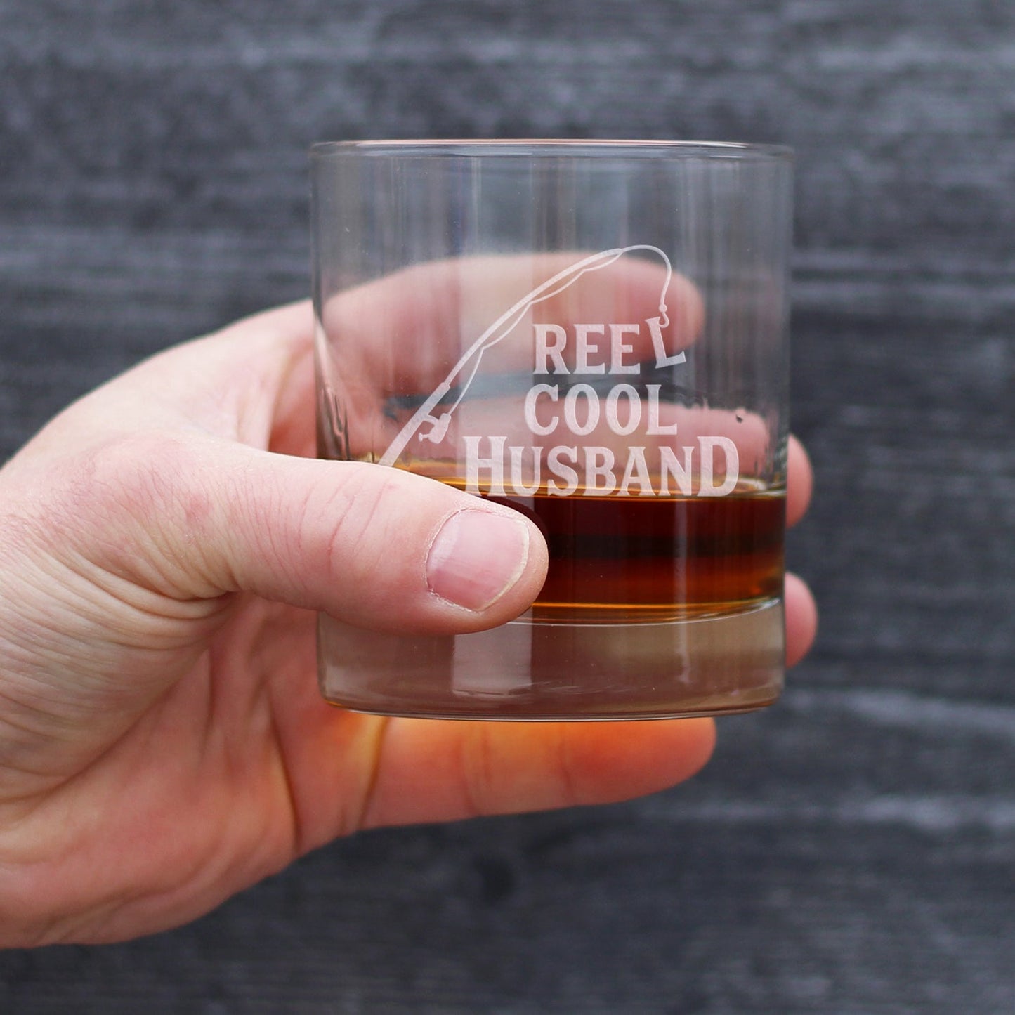 Reel Cool Husband - Funny Whiskey Rocks Glass - Fishing Gifts for Husbands - Engraved 10.25 oz Glasses - Fun Fish Cups