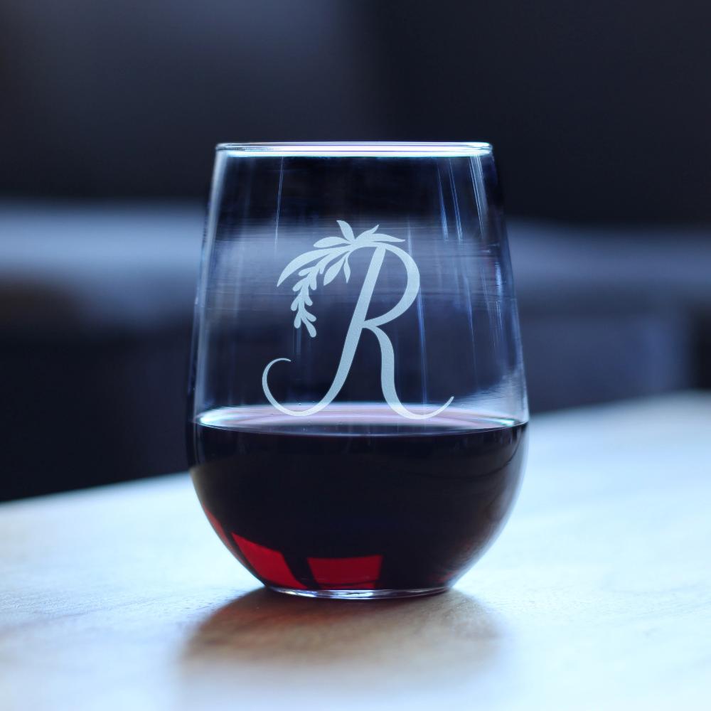 Monogram Floral Letter R - Stemless Wine Glass - Personalized Gifts for Women and Men - Large Engraved 17 Oz Glasses