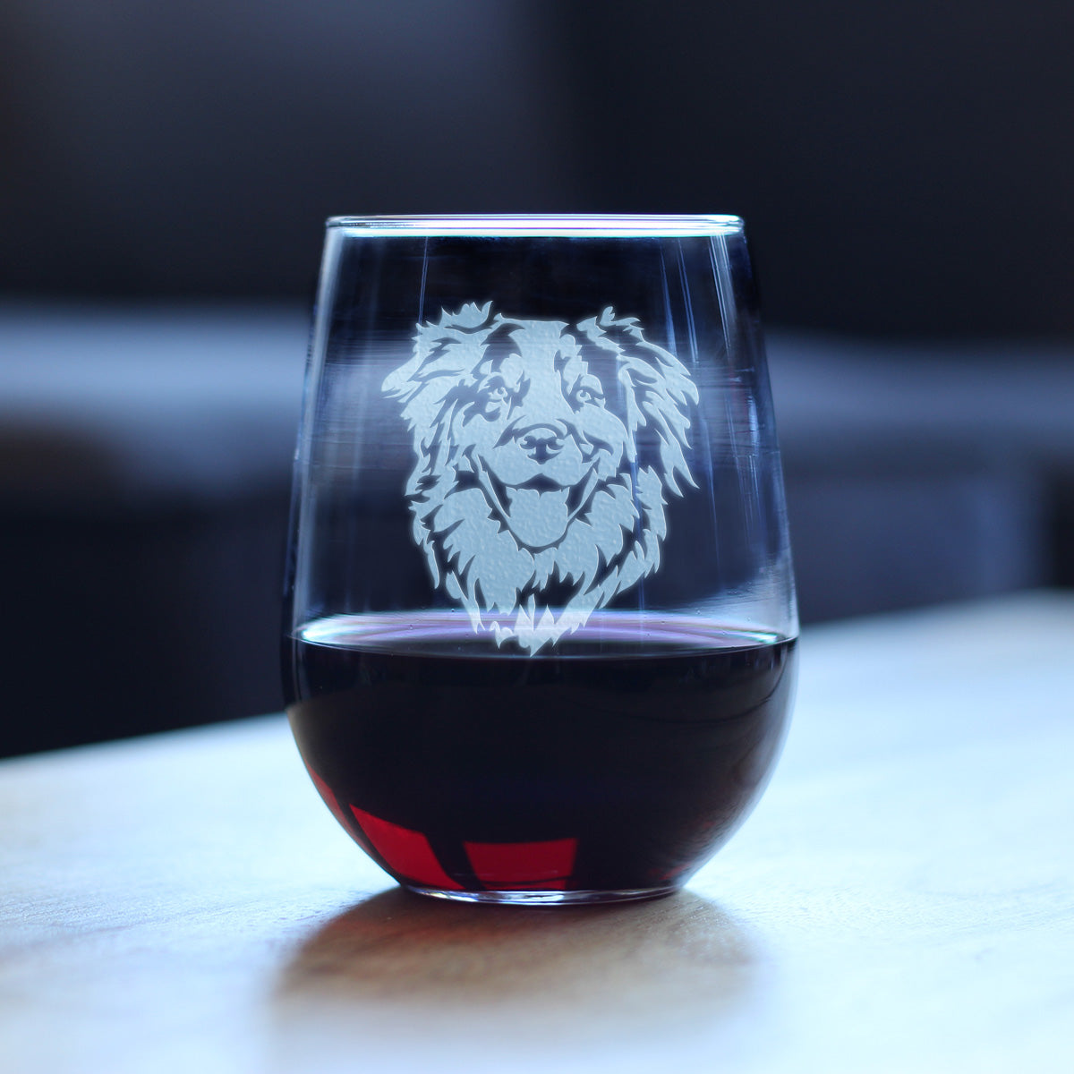 Australian Shepherd Face Stemless Wine Glass - Cute Dog Themed Decor and Gifts for Moms & Dads of Aussies - Large 17 Oz