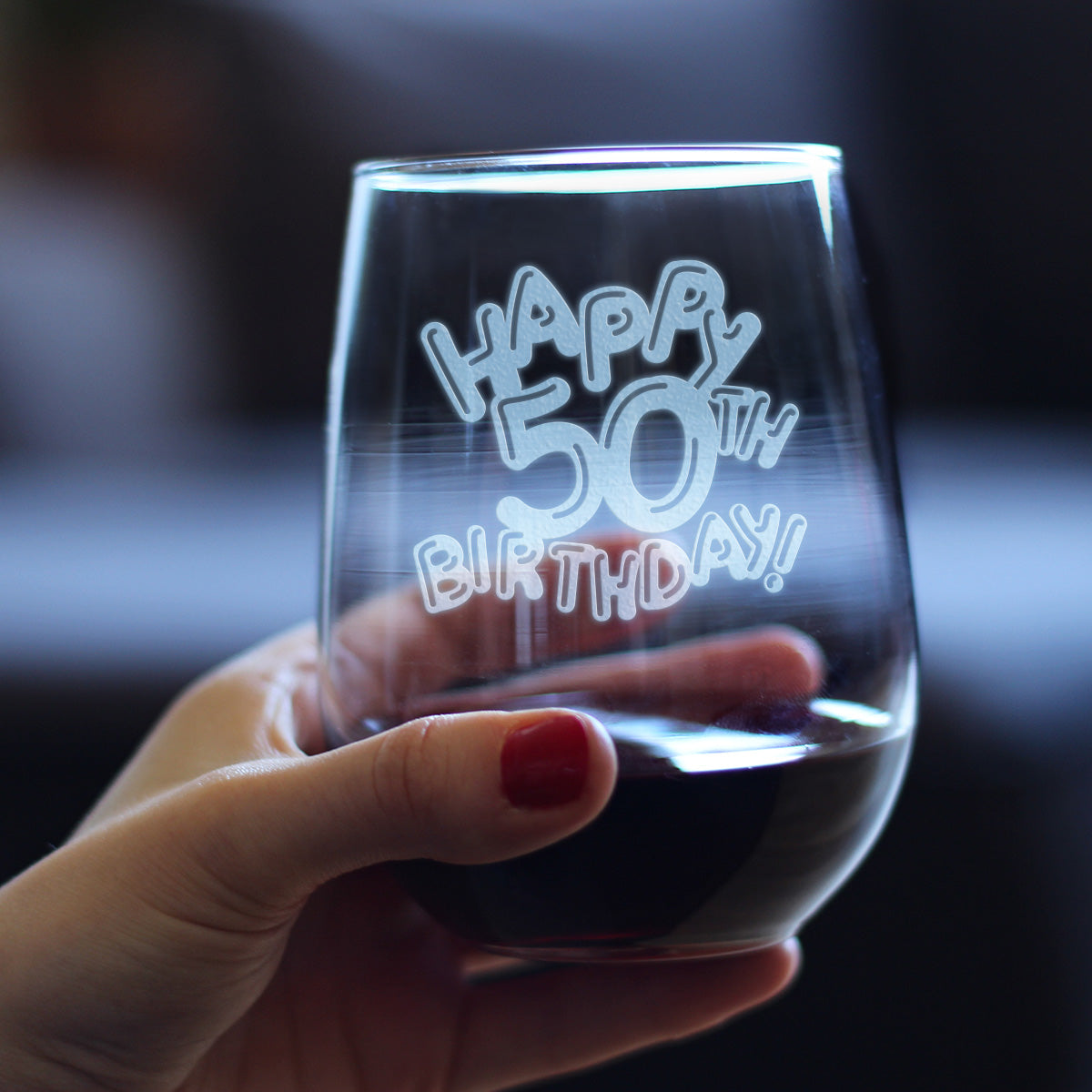 Happy 50th Birthday Balloons - Stemless Wine Glass Gifts for Women & Men Turning 50 - Bday Party Decor - Large Glasses 17 Oz