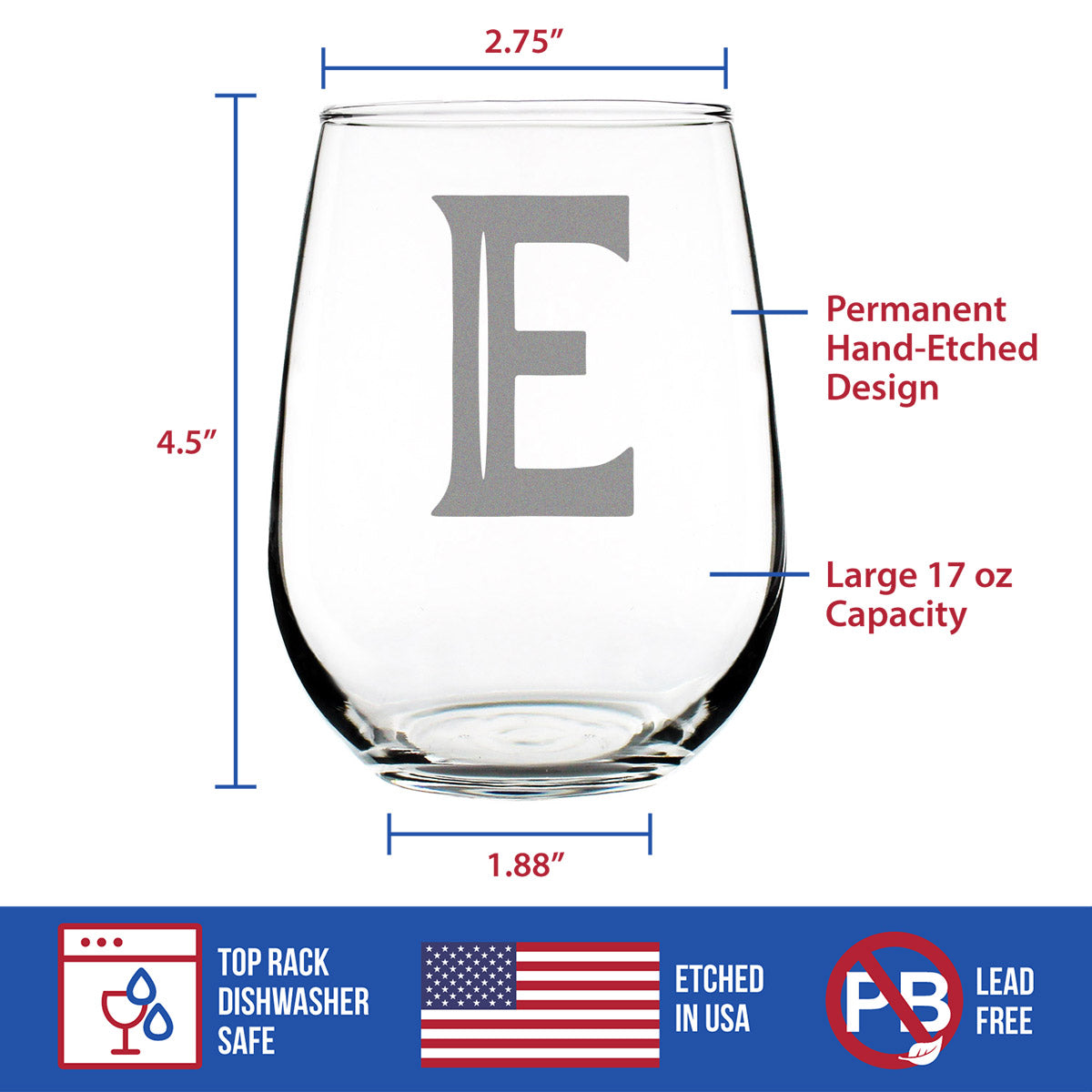 Monogram Bold Letter E - Stemless Wine Glass - Personalized Gifts for Women and Men - Large Engraved Glasses