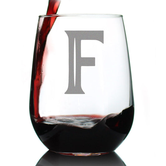 Monogram Bold Letter F - Stemless Wine Glass - Personalized Gifts for Women and Men - Large Engraved Glasses