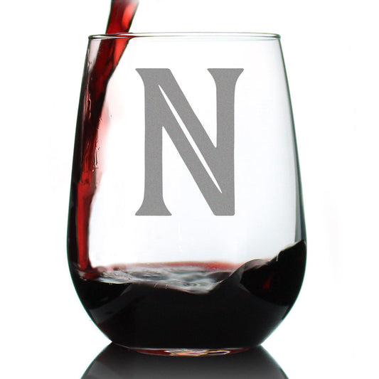 Monogram Bold Letter N - Stemless Wine Glass - Personalized Gifts for Women and Men - Large Engraved Glasses