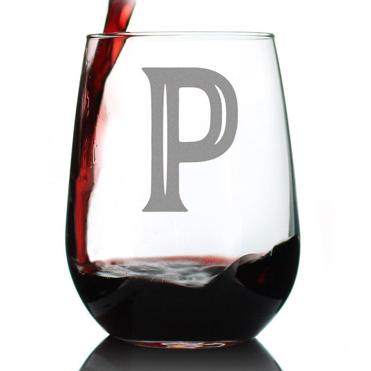 Monogram Bold Letter P - Stemless Wine Glass - Personalized Gifts for Women and Men - Large Engraved Glasses