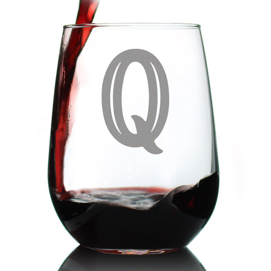 Monogram Bold Letter Q - Stemless Wine Glass - Personalized Gifts for Women and Men - Large Engraved Glasses