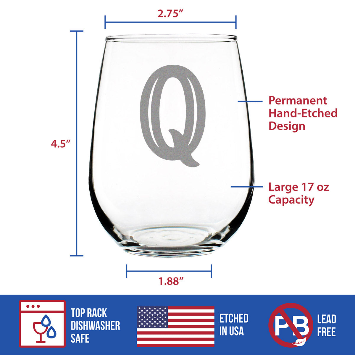 Monogram Bold Letter Q - Stemless Wine Glass - Personalized Gifts for Women and Men - Large Engraved Glasses