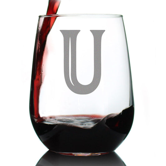 Monogram Bold Letter U - Stemless Wine Glass - Personalized Gifts for Women and Men - Large Engraved Glasses