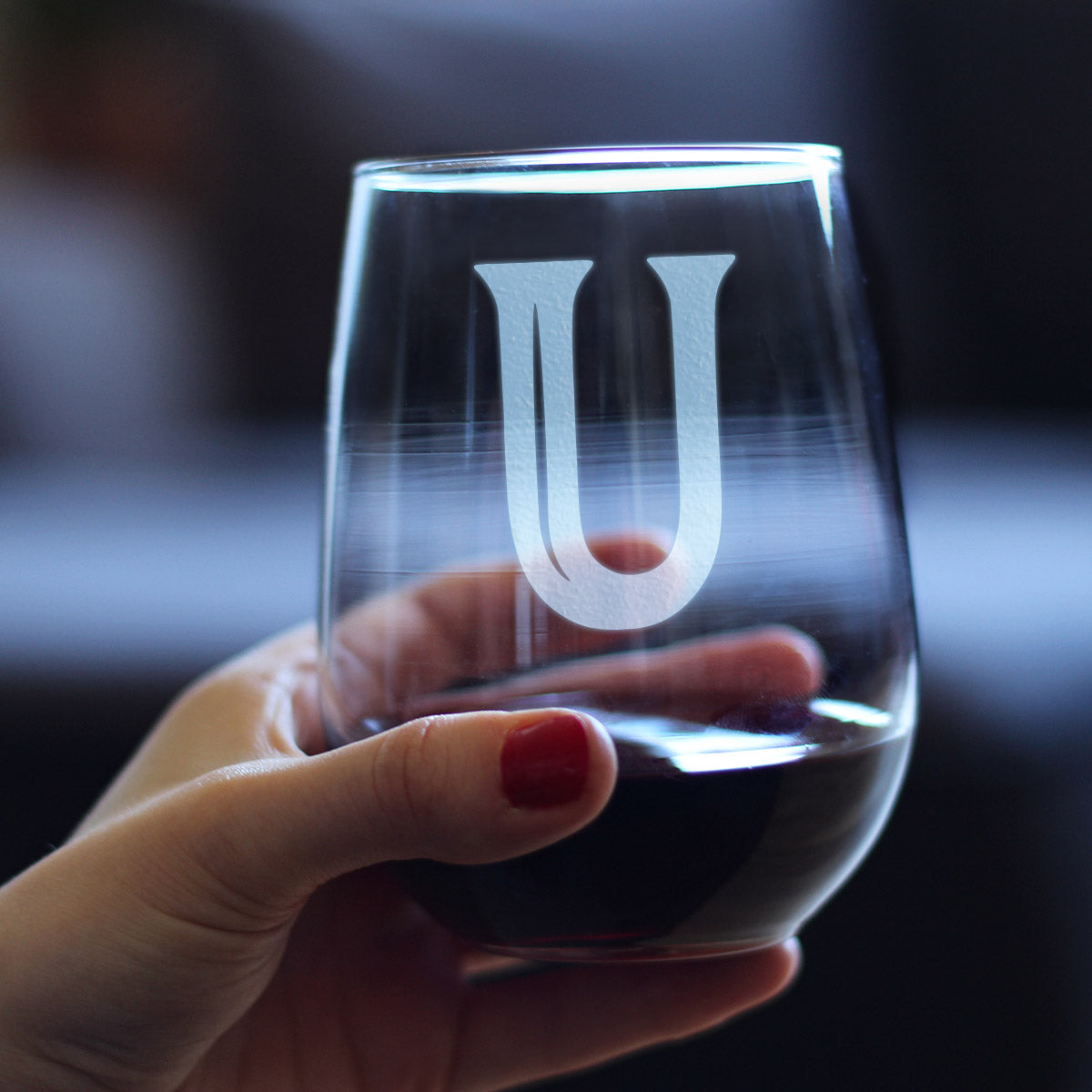 Monogram Bold Letter U - Stemless Wine Glass - Personalized Gifts for Women and Men - Large Engraved Glasses