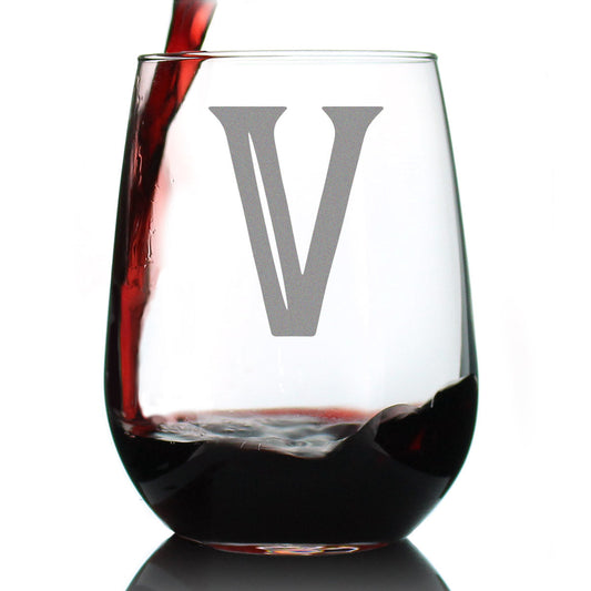 Monogram Bold Letter V - Stemless Wine Glass - Personalized Gifts for Women and Men - Large Engraved Glasses