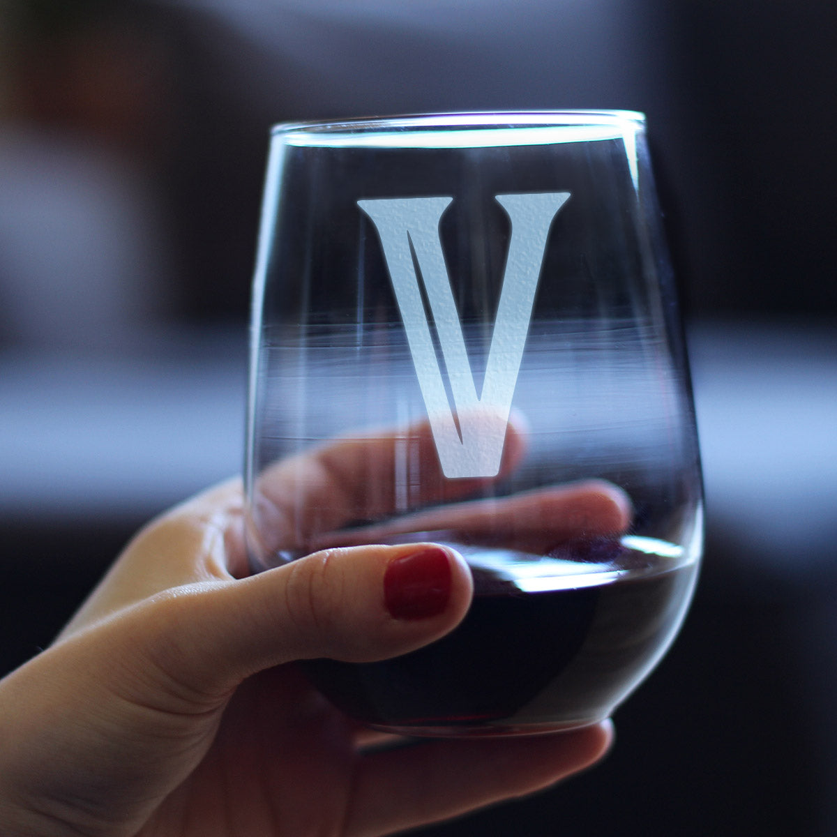Monogram Bold Letter V - Stemless Wine Glass - Personalized Gifts for Women and Men - Large Engraved Glasses