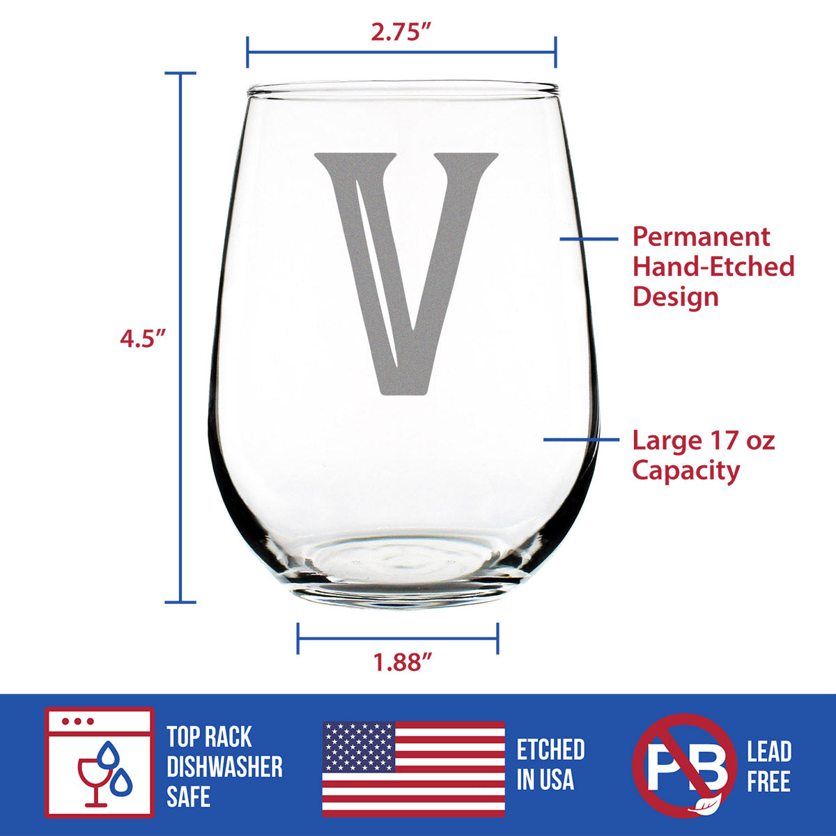 Monogram Bold Letter V - Stemless Wine Glass - Personalized Gifts for Women and Men - Large Engraved Glasses