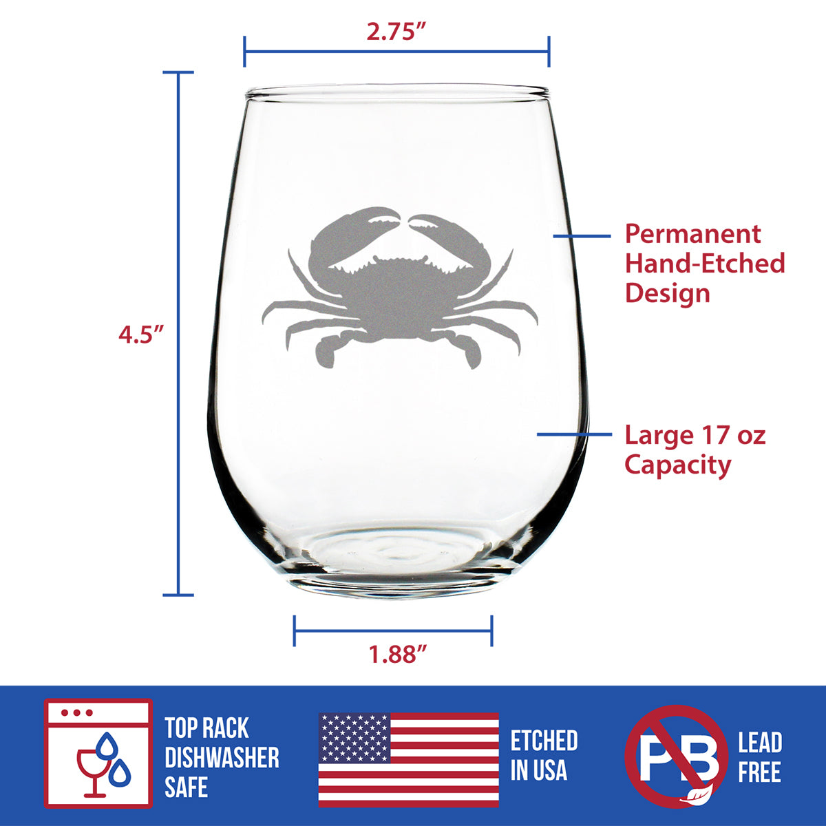 Crab - Cute Nautical Theme Gifts for Beach House - 17 Ounce Stemless Wine Glass