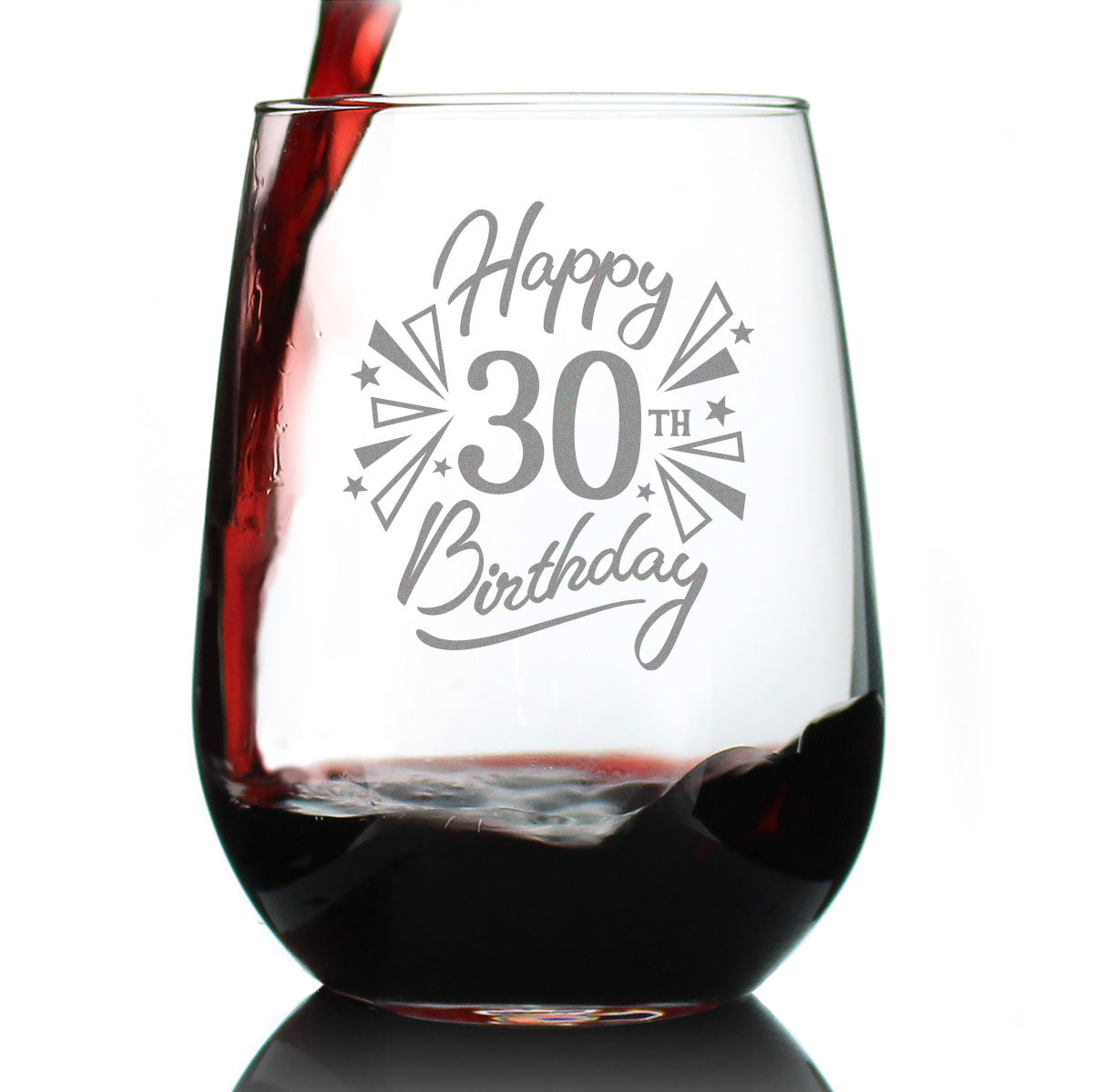 Happy 30th Birthday - Stemless Wine Glass Gifts for Women & Men Turning 30 - Bday Party Decor - Large Glasses 17 Oz