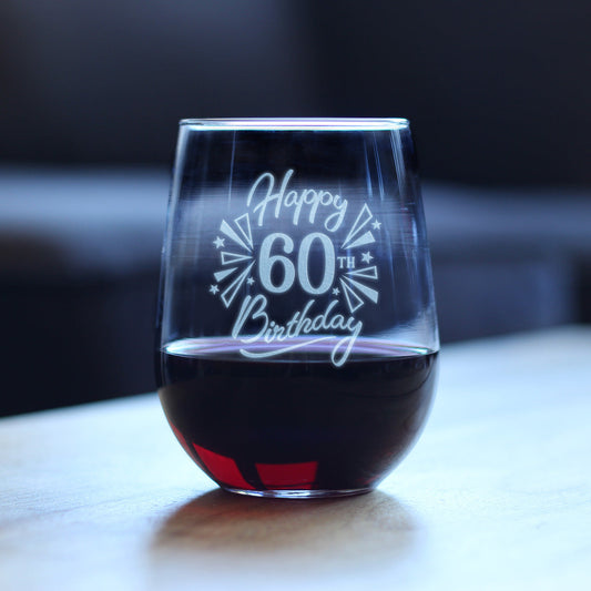 Happy 60th Birthday - Stemless Wine Glass Gifts for Women & Men Turning 60 - Bday Party Decor - Large Glasses 17 Oz