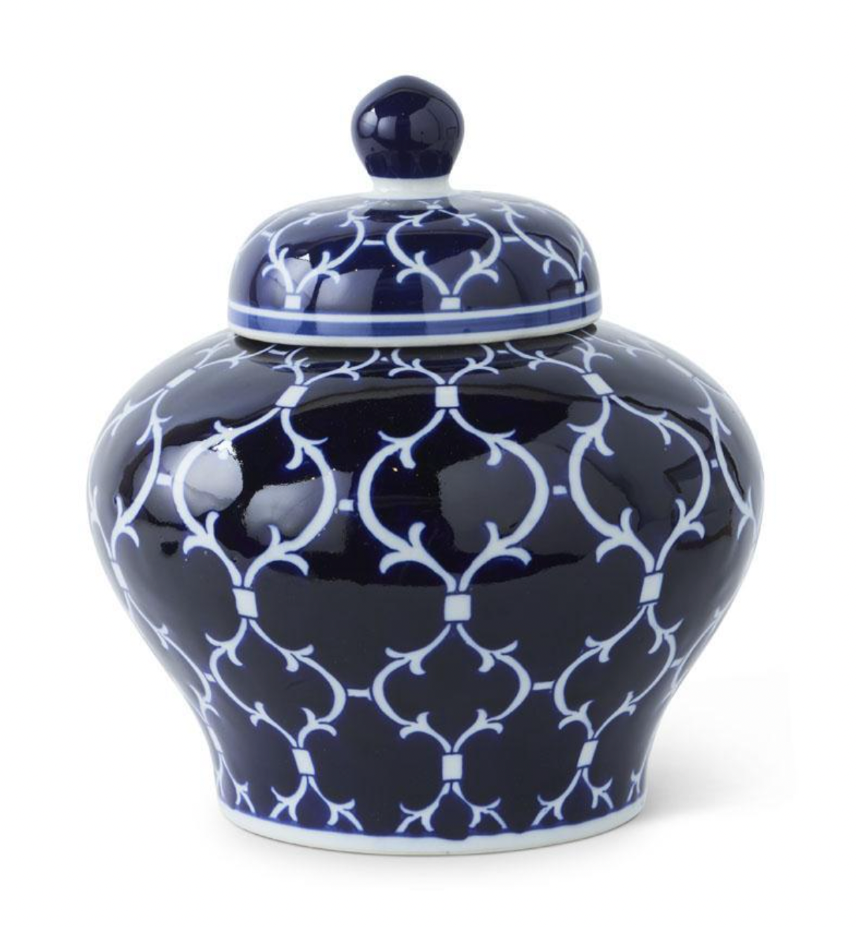 10" Blue & White Quatrefoil Lidded Ceramic Ginger Jar