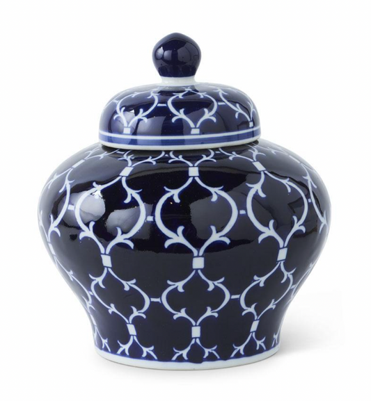 10" Blue & White Quatrefoil Lidded Ceramic Ginger Jar