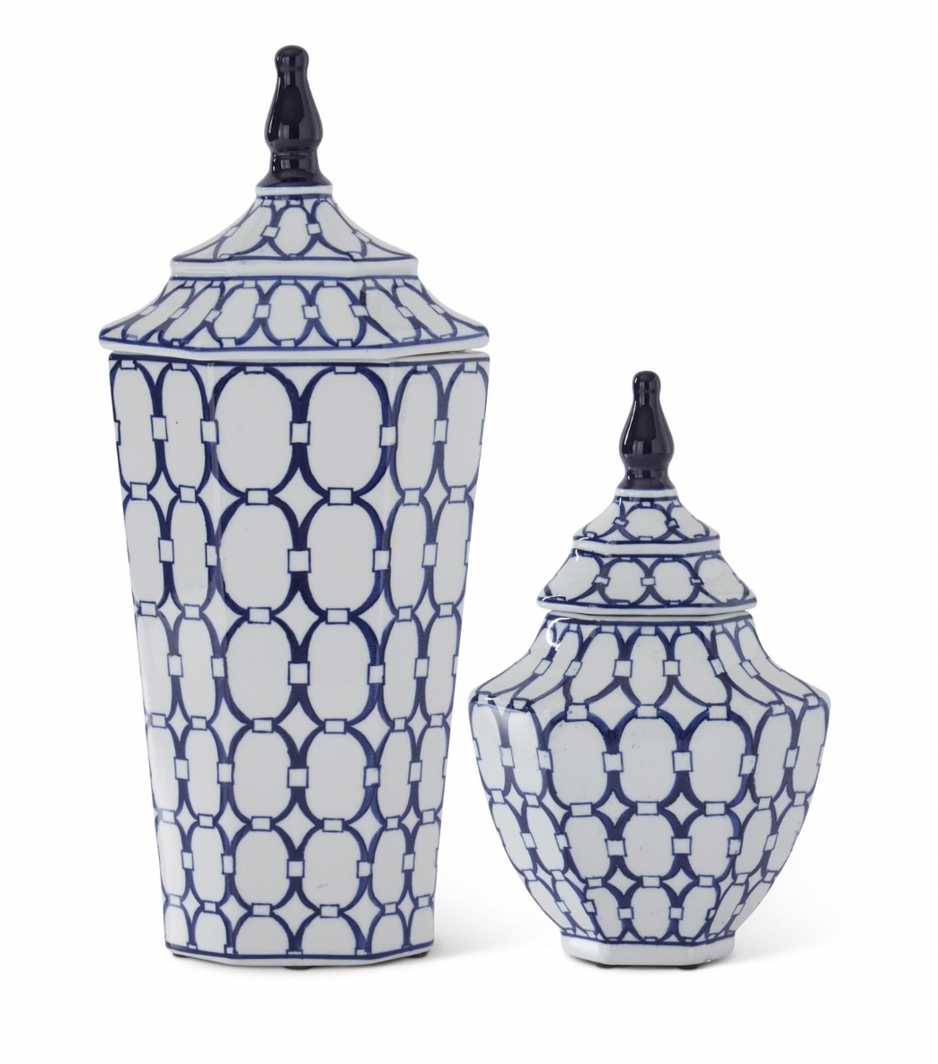 Set of 2 Blue & White Oval Print Ornate Porcelain Lidded Jars