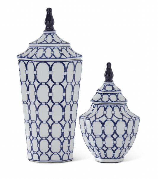 Set of 2 Blue & White Oval Print Ornate Porcelain Lidded Jars
