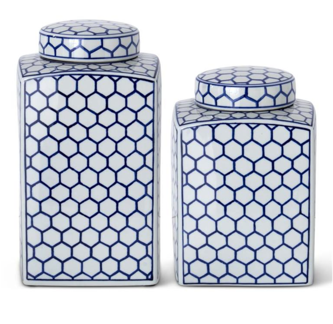 Set of 2 Blue & White Dot Square Lidded Ceramic Jars