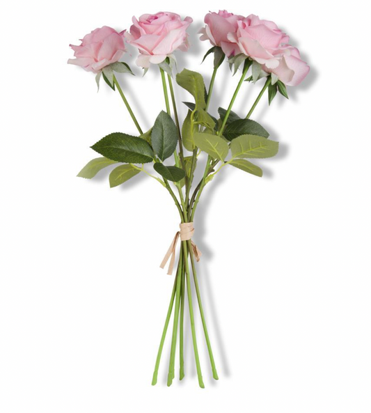 17" Pink Real Touch Full Bloom Rose Stem w/Foliage Bundle (6 Stems)
