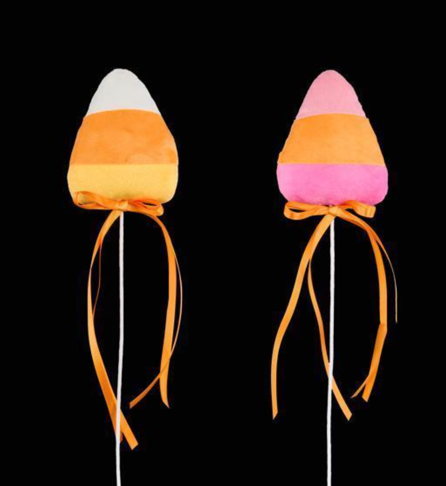 2 ASSORTED 15"L ORANGE, WHITE, YELLOW AND PINK CANDY CORN PICK WITH BOW