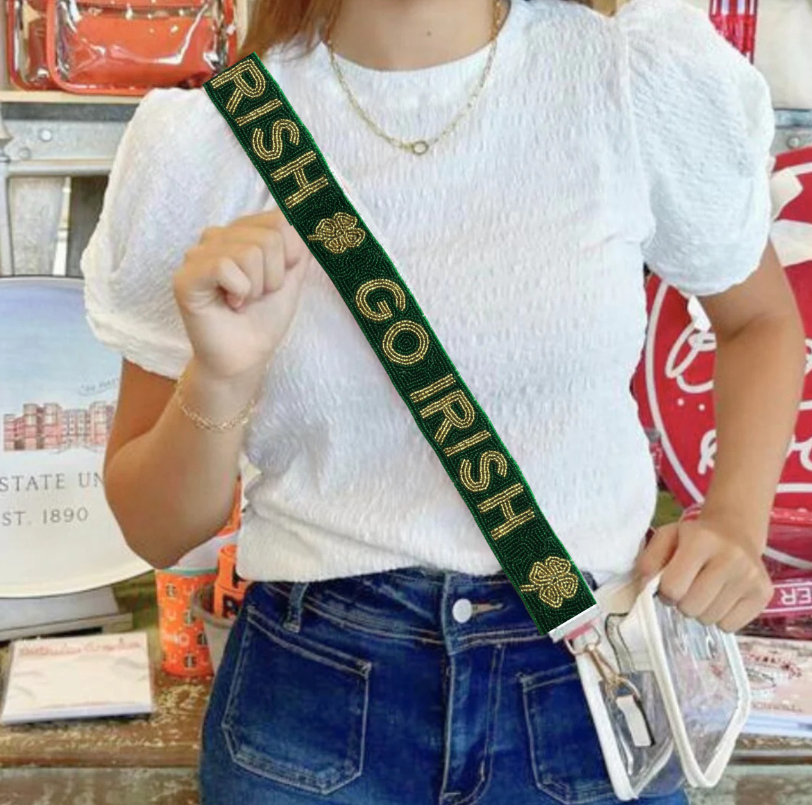 Notre Dame Green Beaded Purse Strap | Go Irish Game Day Bag Strap