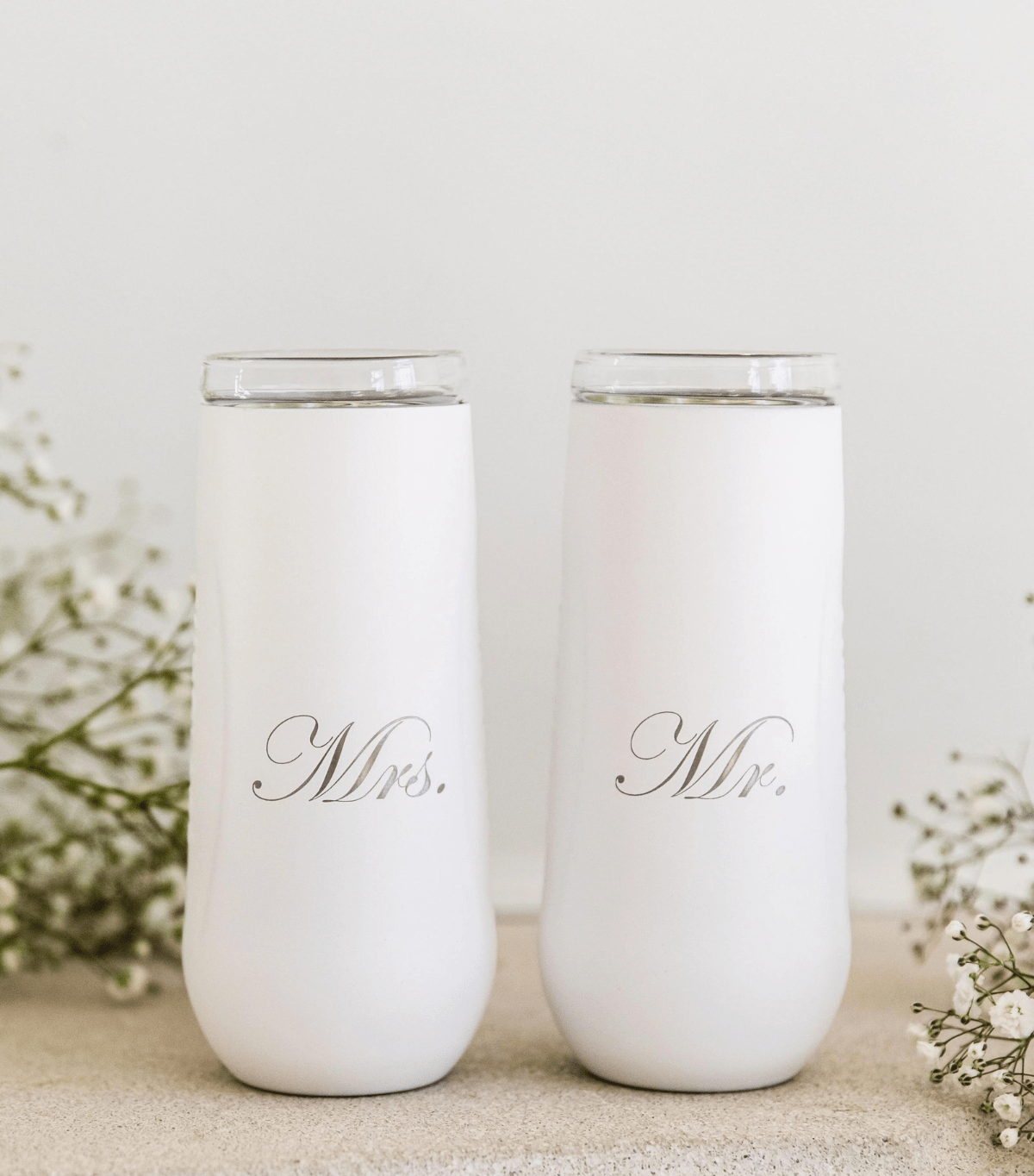 White Champagne Flutes with Mrs. & Mr.