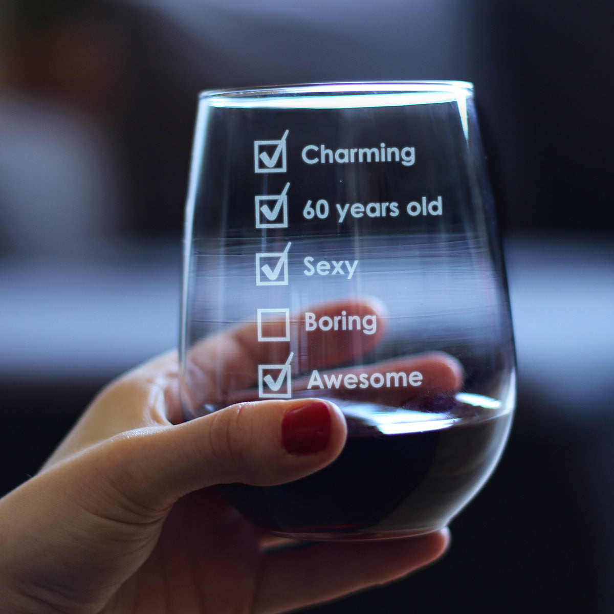 60th Birthday Checklist - Stemless Wine Glass Gift - Funny Bday Gifts for Women and Men Turning 60 - Large 17 Ounce