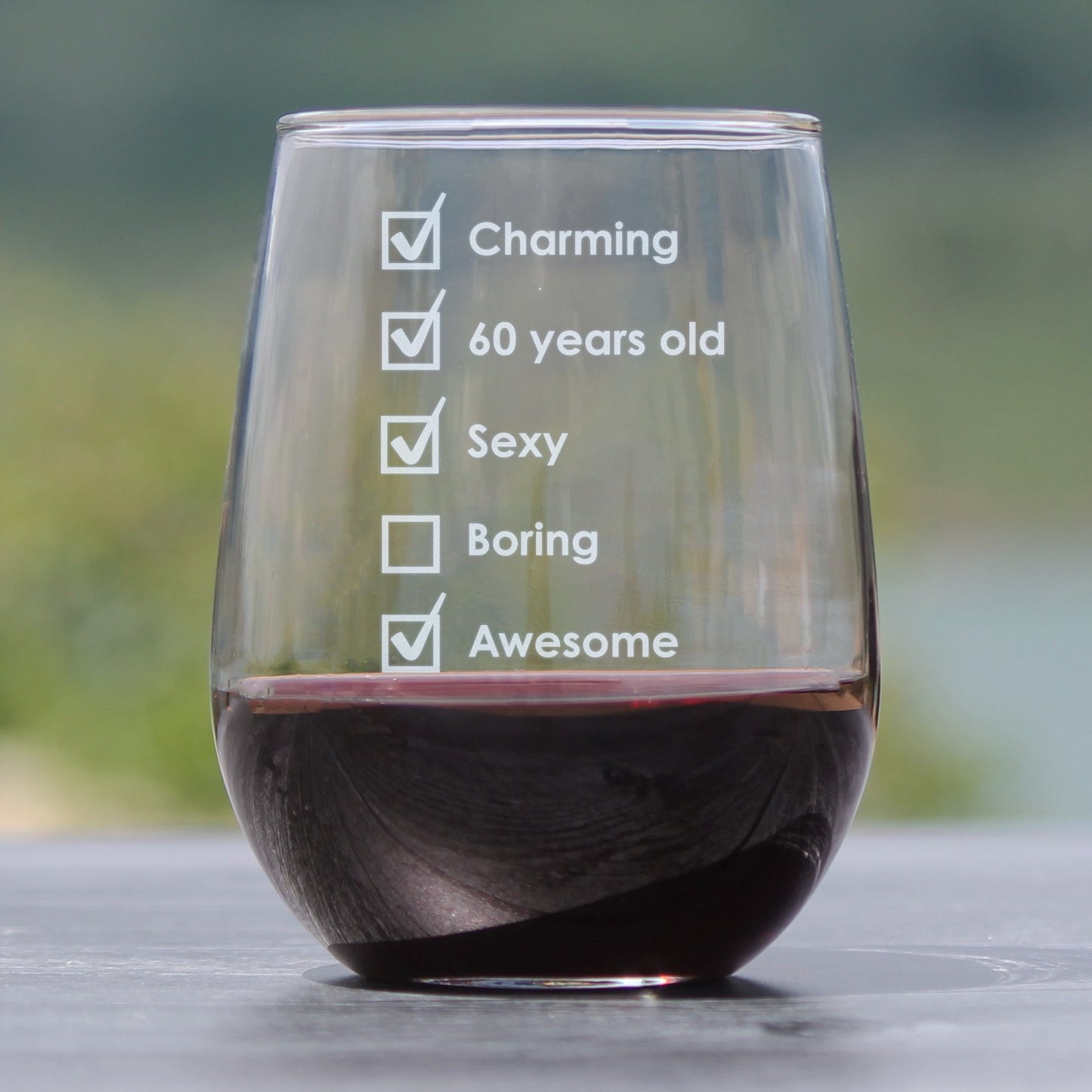 60th Birthday Checklist - Stemless Wine Glass Gift - Funny Bday Gifts for Women and Men Turning 60 - Large 17 Ounce