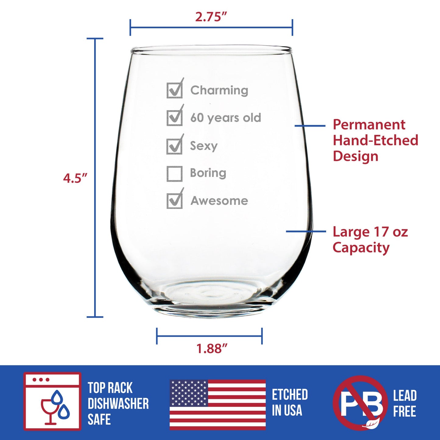 60th Birthday Checklist - Stemless Wine Glass Gift - Funny Bday Gifts for Women and Men Turning 60 - Large 17 Ounce