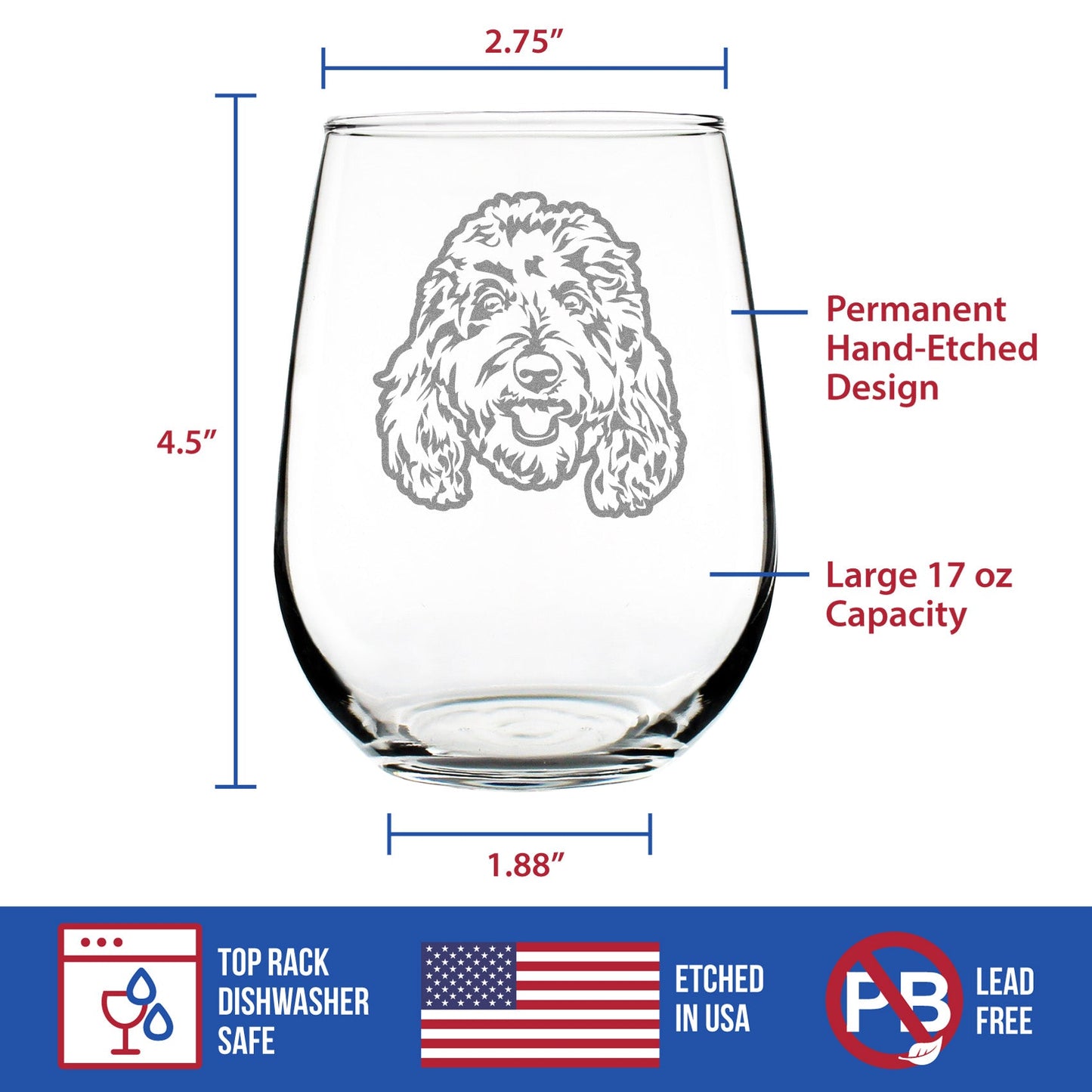 Golden Doodle Face - Stemless Wine Glass - Goldendoodle Gifts for Women & Men - Large 17 Ounce Glasses