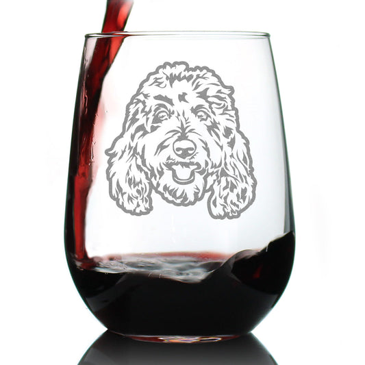 Golden Doodle Face - Stemless Wine Glass - Goldendoodle Gifts for Women & Men - Large 17 Ounce Glasses