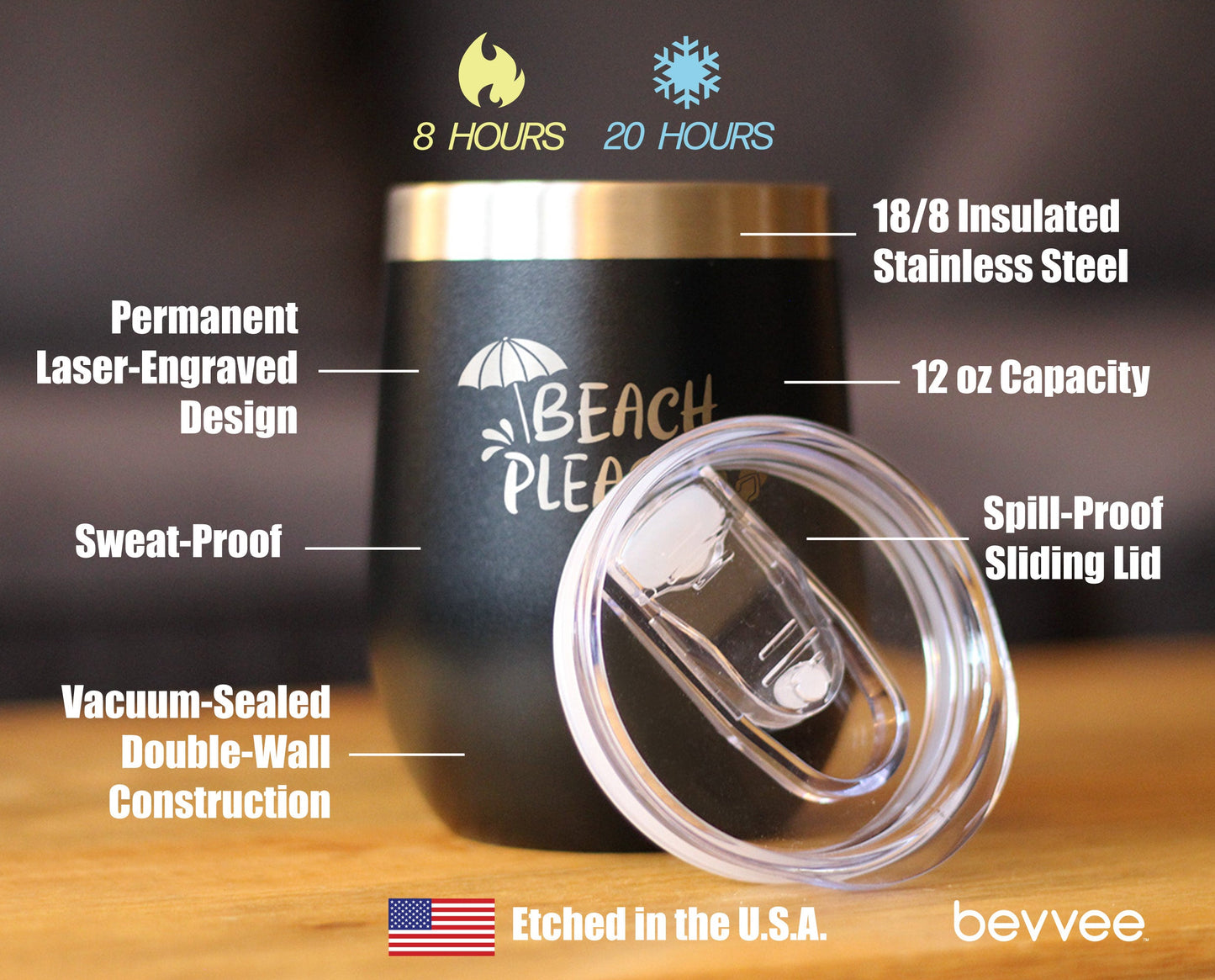 Beach Please - Travel Wine Tumbler with Sliding Lid - Stemless Stainless Steel Insulated Cup - Cute Funny Outdoor Camping Gift