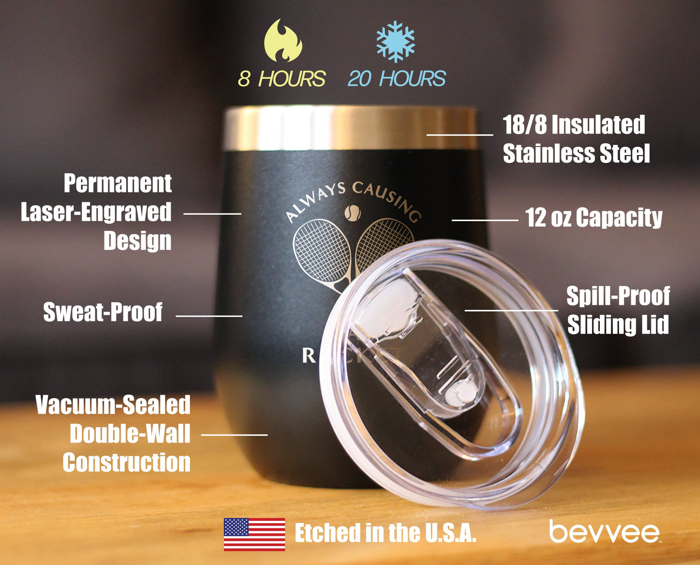 Causing A Racket - Wine Tumbler Glass with Sliding Lid - Stainless Steel Insulated Mug - Funny Tennis Themed Decor and Gifts for Men & Women