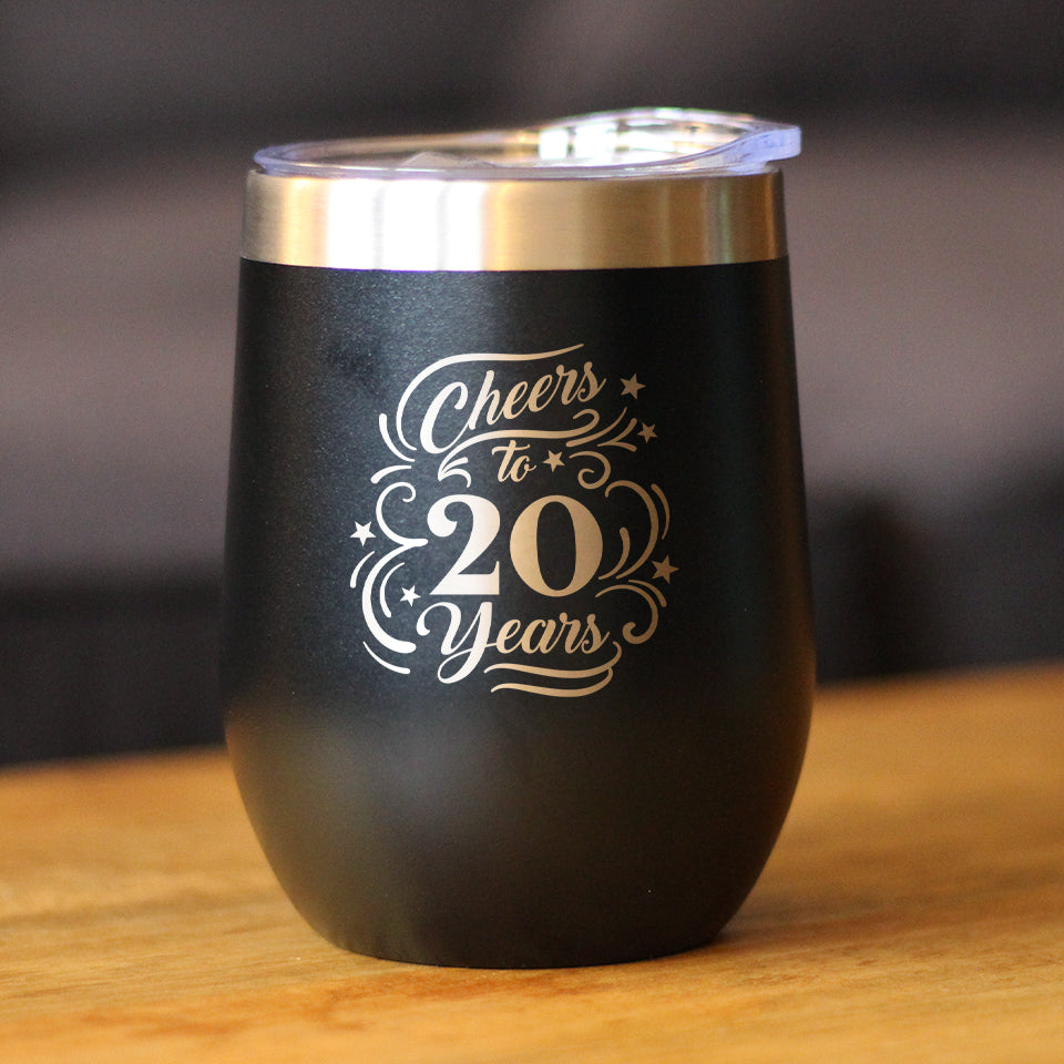 Cheers to 20 Years - Wine Tumbler Glass with Sliding Lid - Stainless Steel Insulated Mug - 20th Anniversary Gifts and Party Decor