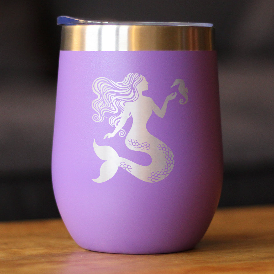 Mermaid - Wine Tumbler Glass with Sliding Lid - Stainless Steel Travel Mug - Cute Mermaid Gifts for Women