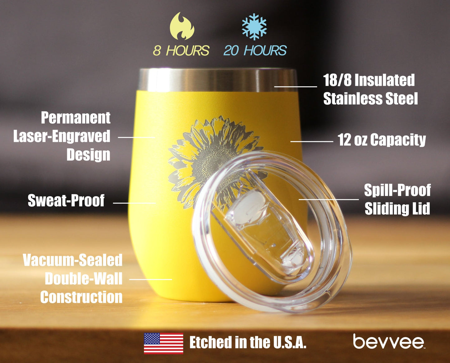 Sunflower - Wine Tumbler Glass with Sliding Lid - Stainless Steel Insulated Mug - Flower Décor Gifts