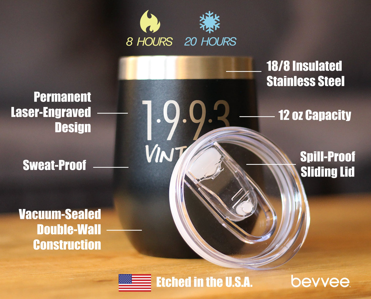 Vintage 1993 - Insulated Wine Tumbler - 33rd Birthday Wine Glass Gifts for Women & Men Turning 33